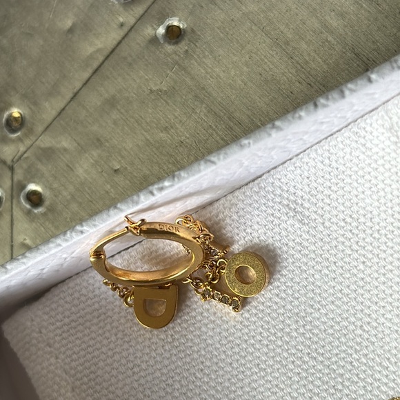 Christian Dior gold crystal drop logo earrings with box and pouch